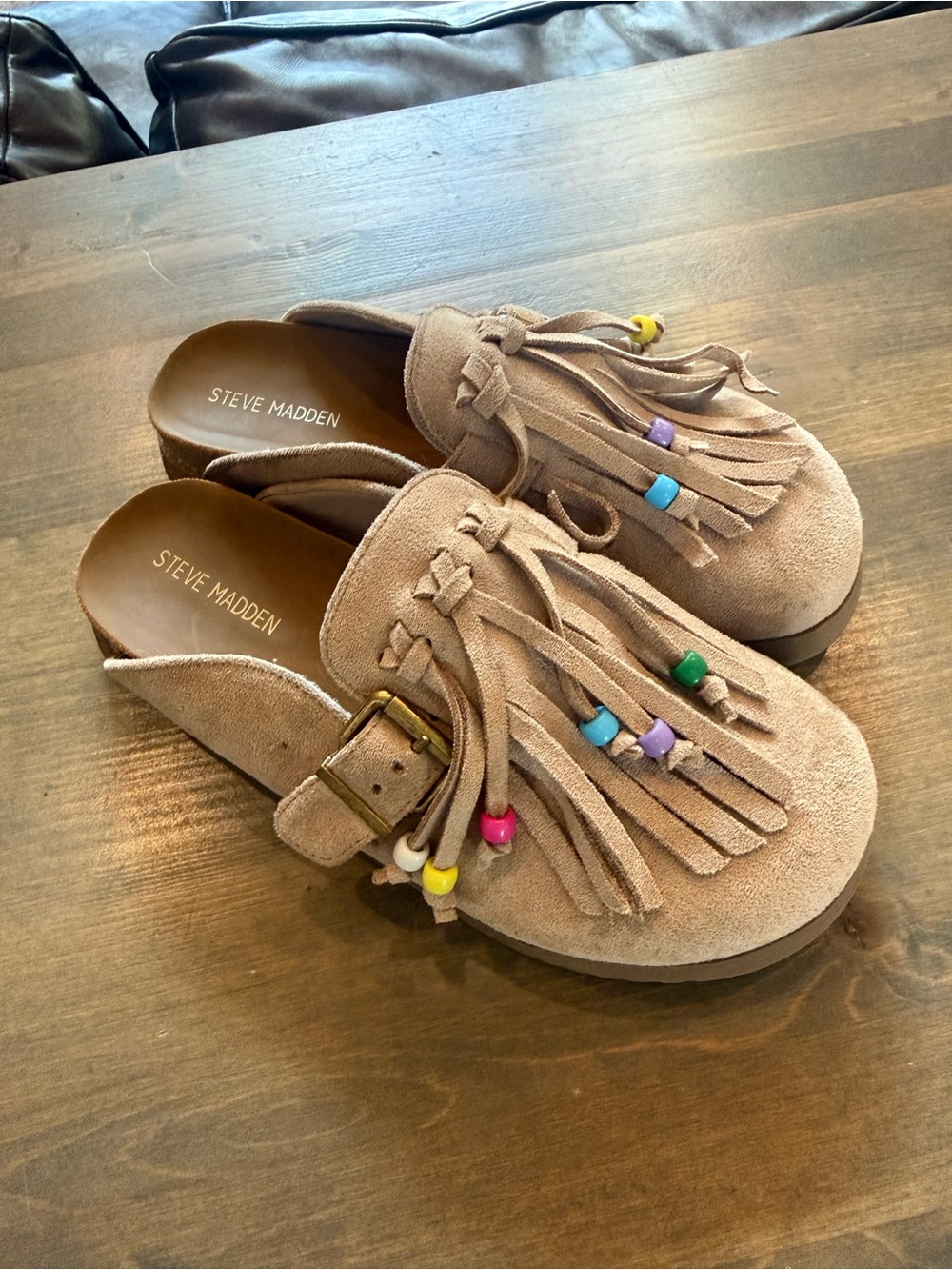 Steve Madden Kids Taupe Suede Tassel Clog with Colorful Beads